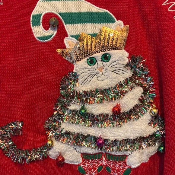 32 Degrees Red and Green Christmas Cat Sweater Size XL - Picture 3 of 5